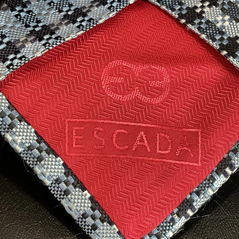 Escada 100% Silk Necktie Blue Navy Black Geometric Woven Check Luxury Tie